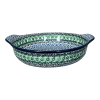 A picture of a Polish Pottery CA 10.25" Round Baker with Handles (Ring of Green) | A417-1479X as shown at PolishPotteryOutlet.com/products/10-25-round-baker-with-handles-ring-of-green-a417-1479x