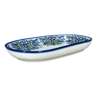 A picture of a Polish Pottery WR 7" x 11" Oval Roaster (Delphinium Spray) | WR13B-BW3 as shown at PolishPotteryOutlet.com/products/7-x-11-oval-roaster-delphinium-spray-wr13b-bw3