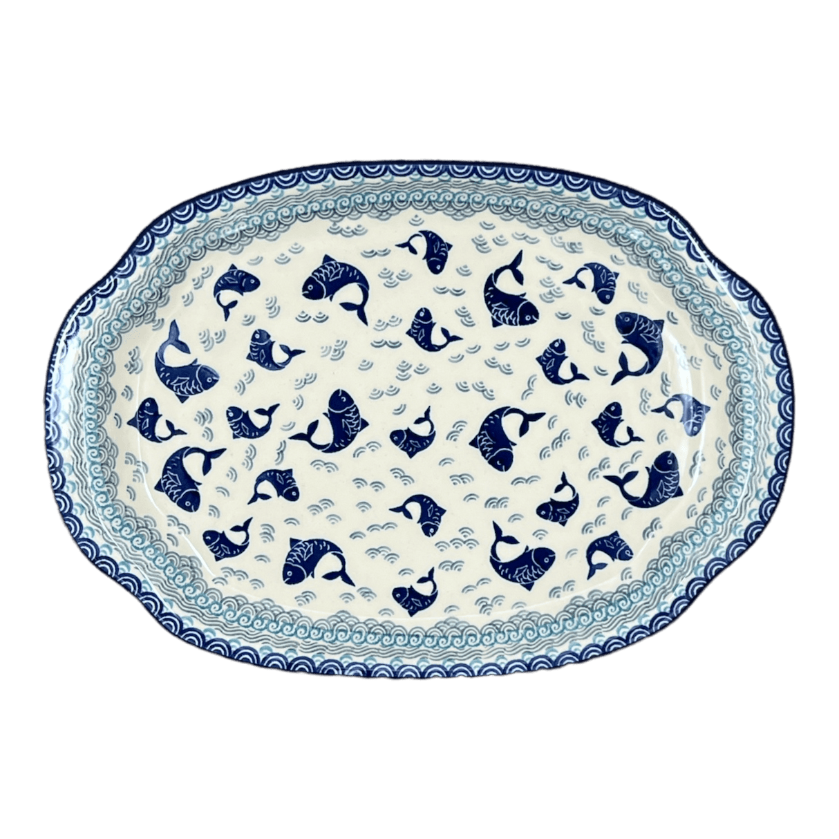 Tray, Oval, Handles, 10.75" x 15.25" in "Koi Pond" by Ceramika Artystyczna | A684-2372X