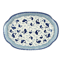 A picture of a Polish Pottery Tray, Oval, Handles, 10.75" x 15.25" in "Koi Pond" by Ceramika Artystyczna | A684-2372X as shown at PolishPotteryOutlet.com/products/10-75-x-15-25-oval-tray-with-handles-koi-pond-a684-2372x