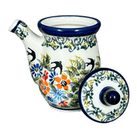 A picture of a Polish Pottery Zaklady Soy Sauce Pitcher (Floral Swallows) | Y1947-DU182 as shown at PolishPotteryOutlet.com/products/soy-sauce-pitcher-floral-swallows-y1947-du182