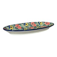 A picture of a Polish Pottery CA 14.75" x 8.5" Oval Platter (Tropical Love) | A205-U4705 as shown at PolishPotteryOutlet.com/products/c-a-14-75-x-8-5-oval-platter-tropical-love-a205-u4705