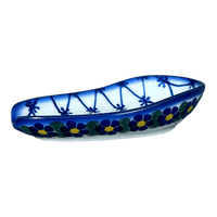 A picture of a Polish Pottery Spoon Rest, 3.5" x 5", WR (WR55D) in "Blue Floral Trellis" by W.R. Ceramika | WR55D-DT3 as shown at PolishPotteryOutlet.com/products/3-5-x-5-spoon-rest-blue-floral-trellis-wr55d-dt3