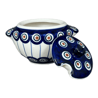 A picture of a Polish Pottery 3" Sugar Bowl (Peacock in Line) | C003T-54A as shown at PolishPotteryOutlet.com/products/3-sugar-bowl-peacock-in-line-c003t-54a