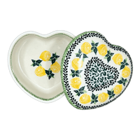 A picture of a Polish Pottery Heart Box, 4.5" in "Lemons and Leaves" by Ceramika Artystyczna | A143-2749X as shown at PolishPotteryOutlet.com/products/c-a-heart-box-lemons-and-leaves-a143-2749x