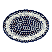 A picture of a Polish Pottery Large Scalloped Oval Platter (Peacock Dot) | P165U-54K as shown at PolishPotteryOutlet.com/products/16-75-x-12-25-large-scalloped-oval-platter-peacock-dot-p165u-54k