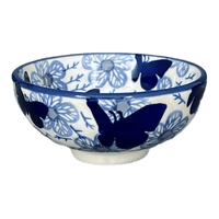 A picture of a Polish Pottery Dipping Bowl (Blue Butterfly) | M153U-AS58 as shown at PolishPotteryOutlet.com/products/4-25-dipping-bowl-blue-butterfly-m153u-as58