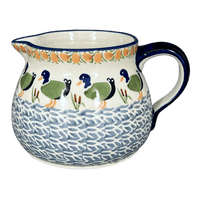 A picture of a Polish Pottery 1.5 Liter Pitcher (Ducks in a Row) | D043U-P323 as shown at PolishPotteryOutlet.com/products/1-5-l-wide-mouth-pitcher-ducks-in-a-row-d043u-p323