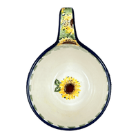 A picture of a Polish Pottery Bowl, Round, Loop Handle, 16 oz in "Sunflower Field" by Ceramika Artystyczna | A845-U4737 as shown at PolishPotteryOutlet.com/products/16-oz-loop-handle-bowl-sunflower-field-a845-u4737