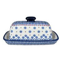 A picture of a Polish Pottery American Butter Dish (Snowflake Love) | M074U-PS01 as shown at PolishPotteryOutlet.com/products/7-5-x-4-american-butter-dish-snowflake-love-m074u-ps01