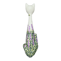 A picture of a Polish Pottery Figurine, Tall Cat, 12.5", WR (WR40A) in "Lavender Fields" by W.R. Ceramika | WR40A-BW4 as shown at PolishPotteryOutlet.com/products/wr-12-5-tall-cat-figurine-lavender-fields-wr40a-bw4