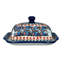 A picture of a Polish Pottery CA Butter Dish (Butterfly Parade) | A295-U1493 as shown at PolishPotteryOutlet.com/products/c-a-butter-dish-butterfly-parade-a295-u1493