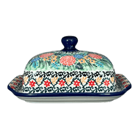 A picture of a Polish Pottery Butter Dish, 7" x 5.5" in "Garden Trellis" by Ceramika Artystyczna | A295-U2123 as shown at PolishPotteryOutlet.com/products/c-a-butter-dish-garden-trellis-a295-u2123