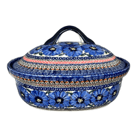 A picture of a Polish Pottery Baker, Covered, 12.5" x 10" Large in "Bloomin' Sky" by Zaklady | Y1158-ART148 as shown at PolishPotteryOutlet.com/products/12-5-x-10-large-covered-baker-bloomin-sky-y1158-art148