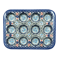 A picture of a Polish Pottery 12 Cup Mini Muffin Pan (Zany Zinnia) | NDA169-35 as shown at PolishPotteryOutlet.com/products/12-cup-mini-muffin-pan-zany-zinnia-nda169-35