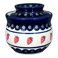 A picture of a Polish Pottery Zaklady Butter Crock (Strawberry Dot) | Y1512-A310A as shown at PolishPotteryOutlet.com/products/butter-crock-strawberry-dot-y1512-a310a