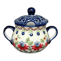 A picture of a Polish Pottery 3.5" Traditional Sugar Bowl (Mediterranean Blossoms) | C015S-P274 as shown at PolishPotteryOutlet.com/products/3-5-the-traditional-sugar-bowl-mediterranean-blossoms-c015s-p274