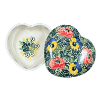 A picture of a Polish Pottery Heart Box, 4.5" in "Tropical Love" by Ceramika Artystyczna | A143-U4705 as shown at PolishPotteryOutlet.com/products/c-a-heart-box-tropical-love-a143-u4705