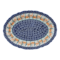 A picture of a Polish Pottery Large Scalloped Oval Platter (Sun-Kissed Garden) | P165S-GM15 as shown at PolishPotteryOutlet.com/products/large-scalloped-oval-platter-sun-kissed-garden-p165s-gm15