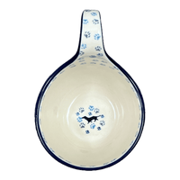 A picture of a Polish Pottery CA 16 oz. Loop Handle Bowl (Wiener Dog Delight) | A845-2151X as shown at PolishPotteryOutlet.com/products/16-oz-loop-handle-bowl-wiener-dog-delight-a845-2151x