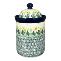 A picture of a Polish Pottery Canister, 1 Liter in "Daffodils in Bloom" by Ceramika Artystyczna | A491-2122X as shown at PolishPotteryOutlet.com/products/1-liter-canister-daffodils-in-bloom-a491-2122x