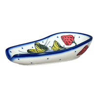 A picture of a Polish Pottery Spoon Rest, 3.5" x 5", WR (WR55D) in "Strawberries & Blossoms" by W.R. Ceramika | WR55D-WR2 as shown at PolishPotteryOutlet.com/products/3-5-x-5-spoon-rest-strawberries-blossoms-wr55d-wr2