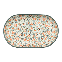 A picture of a Polish Pottery Roaster, Oval, 7"x11" in "Peach Blossoms - Solid Rim" by Manufaktura | P099S-AS46A as shown at PolishPotteryOutlet.com/products/7x11-oval-roaster-peach-blossoms-solid-rim-p099s-as46a