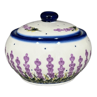 A picture of a Polish Pottery Container, Round, Covered, 5" x 4", WR (WR31I) in "Lavender Fields" by W.R. Ceramika | WR31I-BW4 as shown at PolishPotteryOutlet.com/products/round-covered-container-lavender-fields