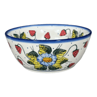 A picture of a Polish Pottery Bowl, Round, 7.75", WR (WR12D) in "Strawberries & Blossoms" by W.R. Ceramika | WR12D-WR2 as shown at PolishPotteryOutlet.com/products/7-75-bowl-strawberries-blossoms-wr12d-wr2