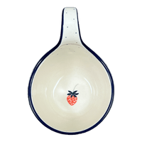 A picture of a Polish Pottery Bowl, Round, 16 oz in "Strawberry Patch" by Ceramika Artystyczna | A845-721X as shown at PolishPotteryOutlet.com/products/16-oz-loop-handle-bowl-strawberry-patch-a845-721x