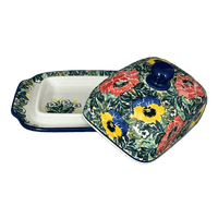 A picture of a Polish Pottery Butter Dish, 7" x 5.5" in "Tropical Love" by Ceramika Artystyczna | A295-U4705 as shown at PolishPotteryOutlet.com/products/c-a-butter-dish-tropical-love-a295-u4705