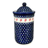 A picture of a Polish Pottery Container, 2 Liter in "Strawberry Dot" by Zaklady | Y1244-A310A as shown at PolishPotteryOutlet.com/products/2-liter-container-strawberry-dot-y1244-a310a