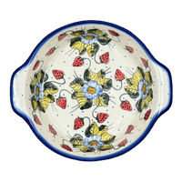 A picture of a Polish Pottery Baker, Round, 8", WR (WR43F) in "Strawberries & Blossoms" by W.R. Ceramika | WR43F-WR2 as shown at PolishPotteryOutlet.com/products/8-round-baker-strawberries-blossoms-wr43f-wr2