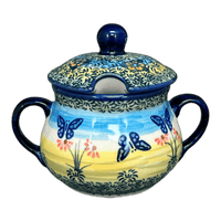 A picture of a Polish Pottery 3.5" Traditional Sugar Bowl (Butterflies in Flight) | C015S-WKM as shown at PolishPotteryOutlet.com/products/3-5-the-traditional-sugar-bowl-butterflies-in-flight-c015s-wkm