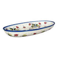 A picture of a Polish Pottery Oval Dish, 8.5" x 13.75", WR (WR13E) in "Strawberries & Blossoms" by W.R. Ceramika | WR13E-WR2 as shown at PolishPotteryOutlet.com/products/wr-8-5-x-13-75-oval-dish-strawberries-blossoms-wr13e-wr2