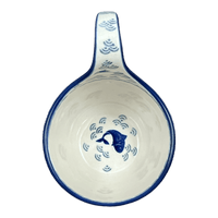 A picture of a Polish Pottery Bowl, Round, 16 oz in "Koi Pond" by Ceramika Artystyczna | A845-2372X as shown at PolishPotteryOutlet.com/products/16-oz-loop-handle-bowl-koi-pond-a845-2372x