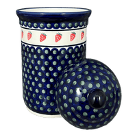 A picture of a Polish Pottery Container, 2 Liter in "Strawberry Dot" by Zaklady | Y1244-A310A as shown at PolishPotteryOutlet.com/products/2-liter-container-strawberry-dot-y1244-a310a