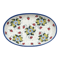 A picture of a Polish Pottery Oval Dish, 8.5" x 13.75", WR (WR13E) in "Strawberries & Blossoms" by W.R. Ceramika | WR13E-WR2 as shown at PolishPotteryOutlet.com/products/wr-8-5-x-13-75-oval-dish-strawberries-blossoms-wr13e-wr2