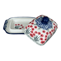 A picture of a Polish Pottery Butter Dish, 7" x 5.5" in "Red Aster" by Ceramika Artystyczna | A295-1435X as shown at PolishPotteryOutlet.com/products/c-a-butter-dish-red-aster-a295-1435x