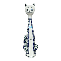 A picture of a Polish Pottery Figurine, Tall Cat, 12.5", WR (WR40A) in "Pansy Storm" by W.R. Ceramika | WR40A-EZ3 as shown at PolishPotteryOutlet.com/products/12-5-tall-cat-figurine-pansy-storm-wr40a-ez3