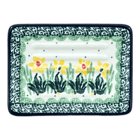 A picture of a Polish Pottery Soap Dish, Rectangular, 3.25" x 4.5" in "Daffodils in Bloom" by Ceramika Artystyczna | AA97-2122X as shown at PolishPotteryOutlet.com/products/3-25-x-4-5-rectangular-soap-dish-daffodils-in-bloom-aa97-2122x