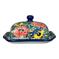 A picture of a Polish Pottery Butter Dish, 7" x 5.5" in "Tropical Love" by Ceramika Artystyczna | A295-U4705 as shown at PolishPotteryOutlet.com/products/c-a-butter-dish-tropical-love-a295-u4705