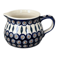 A picture of a Polish Pottery 1 Liter Pitcher (Peacock) | D044T-54 as shown at PolishPotteryOutlet.com/products/1-liter-wide-mouth-pitcher-peacock-d044t-54