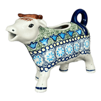 A picture of a Polish Pottery Cow Creamer (Blue Bells) | D081S-KLDN as shown at PolishPotteryOutlet.com/products/4-oz-cow-creamer-blue-bells-d081s-kldn