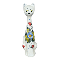 A picture of a Polish Pottery Figurine, Tall Cat, 9.5", WR (WR40C) in "Strawberries & Blossoms" by W.R. Ceramika | WR40C-WR2 as shown at PolishPotteryOutlet.com/products/wr-9-5-tall-cat-figurine-strawberries-blossoms-wr40c-wr2