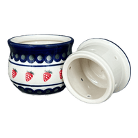 A picture of a Polish Pottery Zaklady Butter Crock (Strawberry Dot) | Y1512-A310A as shown at PolishPotteryOutlet.com/products/butter-crock-strawberry-dot-y1512-a310a