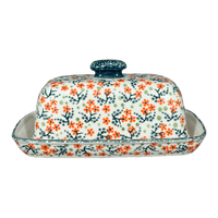 A picture of a Polish Pottery American Butter Dish (Peach Blossoms) | M074S-AS46 as shown at PolishPotteryOutlet.com/products/7-5-x-4-american-butter-dish-peach-blossoms-m074s-as46