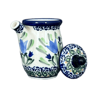 A picture of a Polish Pottery Zaklady Soy Sauce Pitcher (Blue Tulips) | Y1947-ART160 as shown at PolishPotteryOutlet.com/products/soy-sauce-pitcher-blue-tulips-y1947-art160