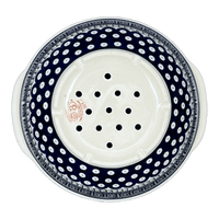 A picture of a Polish Pottery Zaklady 10" Colander (Grecian Dot) | Y1183A-D923 as shown at PolishPotteryOutlet.com/products/10-colander-grecian-dot-y1183a-d923