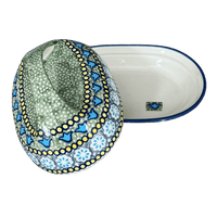 A picture of a Polish Pottery Fancy Butter Dish (Blue Bells) | M077S-KLDN as shown at PolishPotteryOutlet.com/products/7-x-5-fancy-butter-dish-blue-bells-m077s-kldn